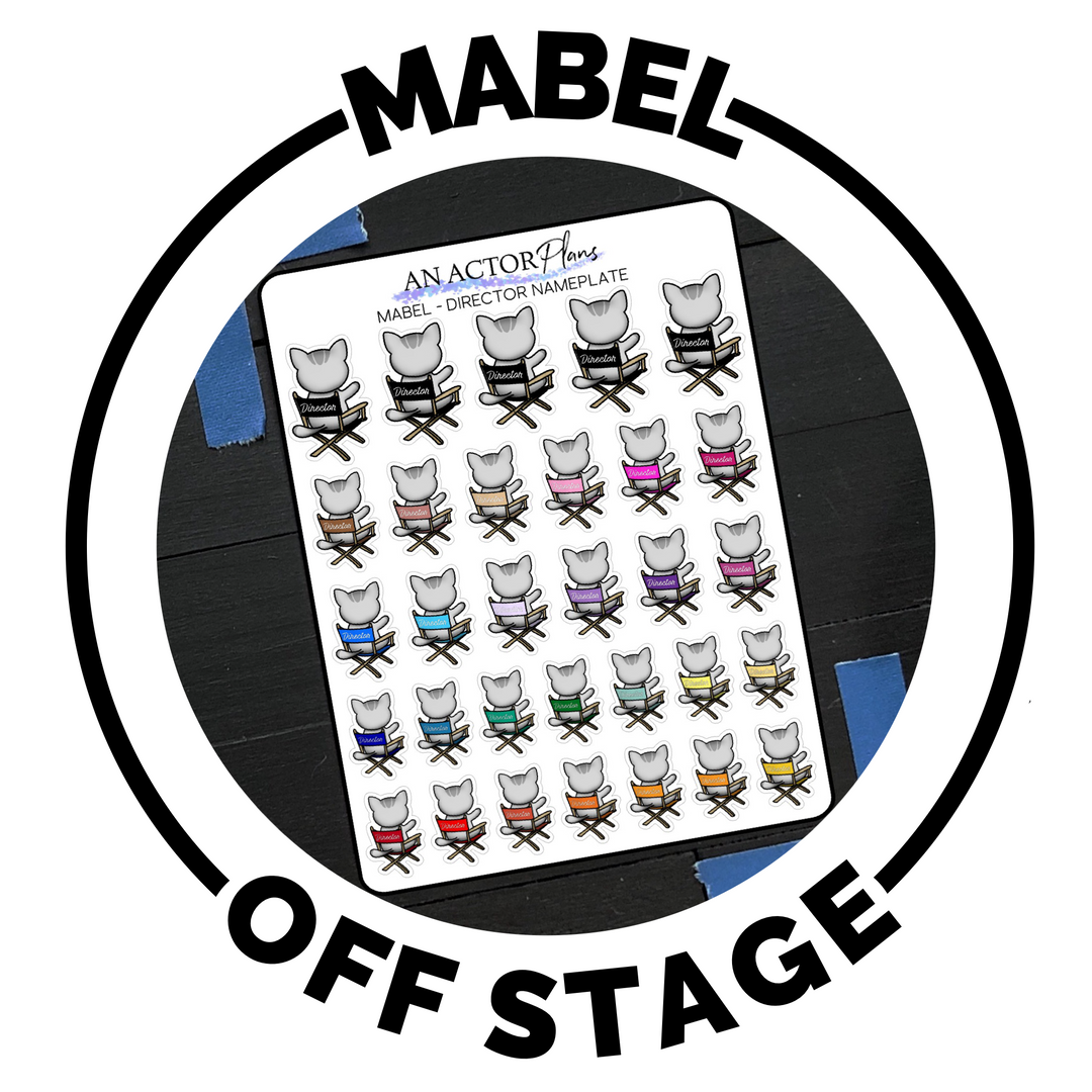 Mabel the theatre cat as production roles, stage manager, director, designer on planner stickers hand drawn by melissa crabtree
