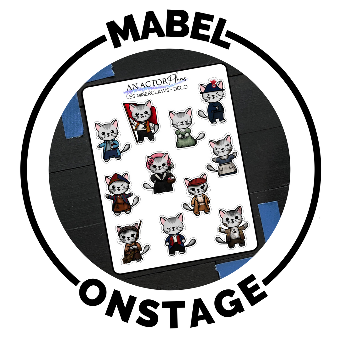 Mabel the theatre cat dressed up as famous characters on broadway on planner stickers hand drawn by melissa crabtree, an actor plans