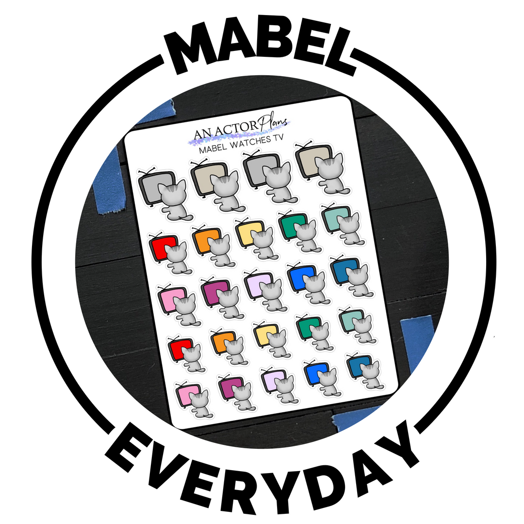 Mabel the theatre cat doing daily tasks on planner stickers drawn by an actor plans - melissa crabtree